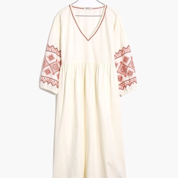 Madewell Embroidered Sleeve Linen Blend Popover Midi Dress in White Combo XS EUC - Picture 3 of 13
